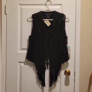 Black Pigskin Leather Fringed Vest